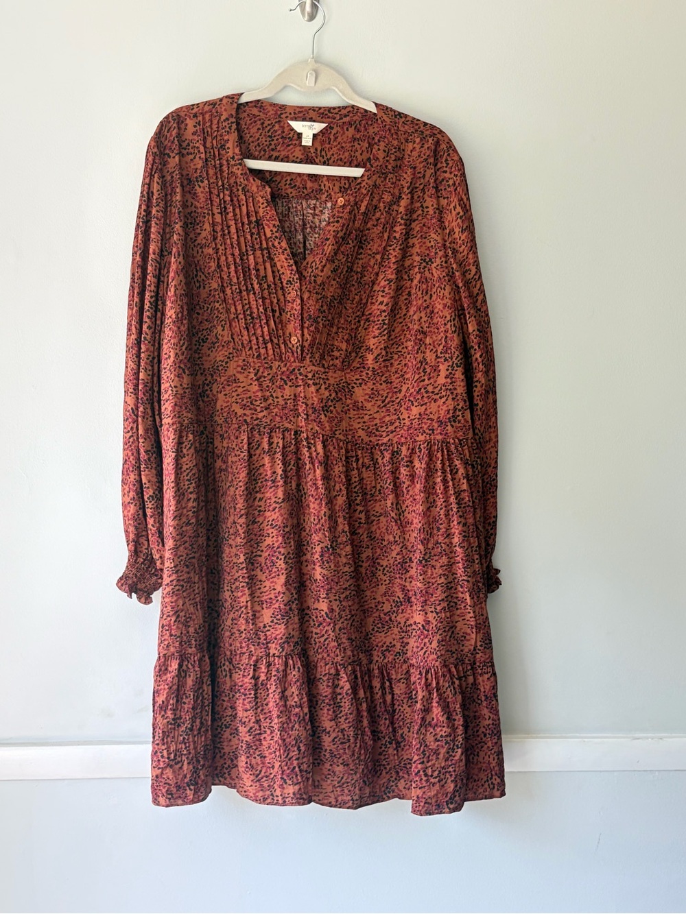 Terra & Sky Rust Floral Tiered Long-Sleeve Dress
